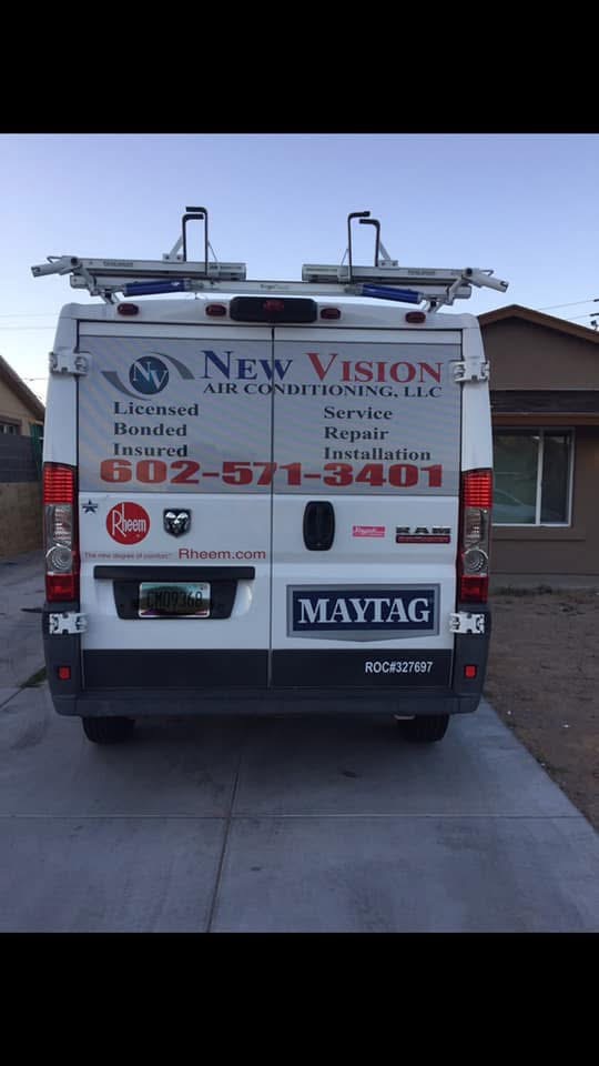 Rear of New Vision branded HVAC service van